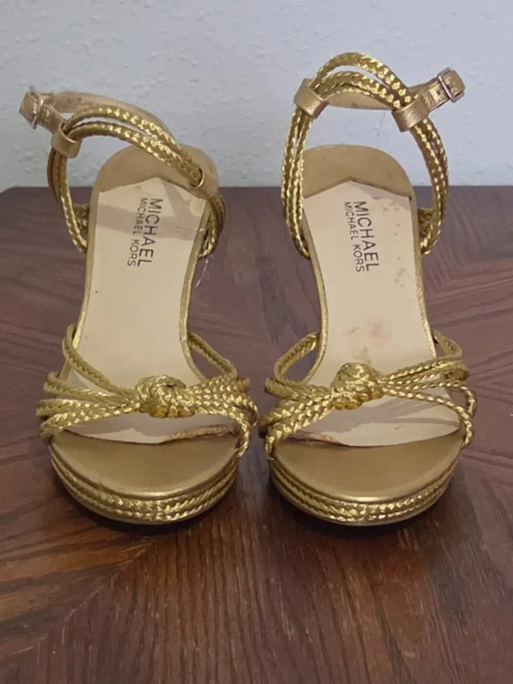 Michael Kors Gold Braided Wedge Sandals Size 6.5M Strappy Metallic Heels